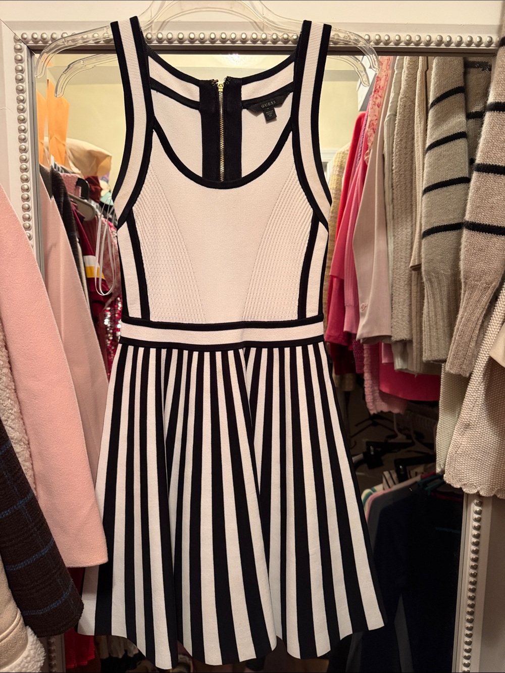 Guess White & Black Striped Tank Fit-and-Flare Dress